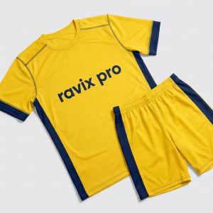 Custom Yellow and Navy Soccer Kit – front and back view, custom manufactured by Ravix Pro Industry, Sialkot