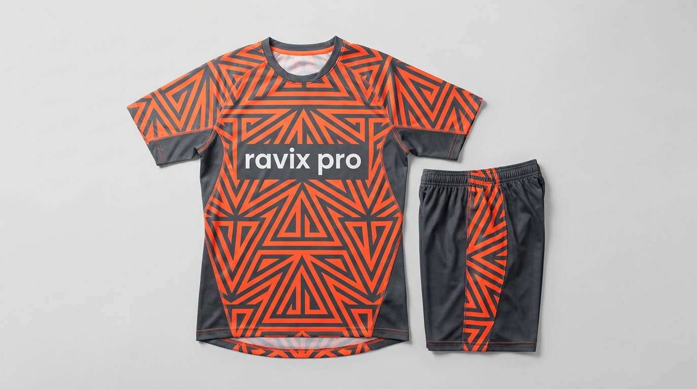 Custom Orange Geometric Soccer Kit Custom Orange Geometric Soccer Kit – front and back view, custom manufactured by Ravix Pro Industry, Sialkot