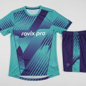 Custom Teal and Purple Diagonal Soccer Kit – front and back view, custom manufactured by Ravix Pro Industry, Sialkot