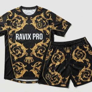 Custom Black and Gold Baroque Soccer Kit – front and back view, custom manufactured by Ravix Pro Industry, Sialkot