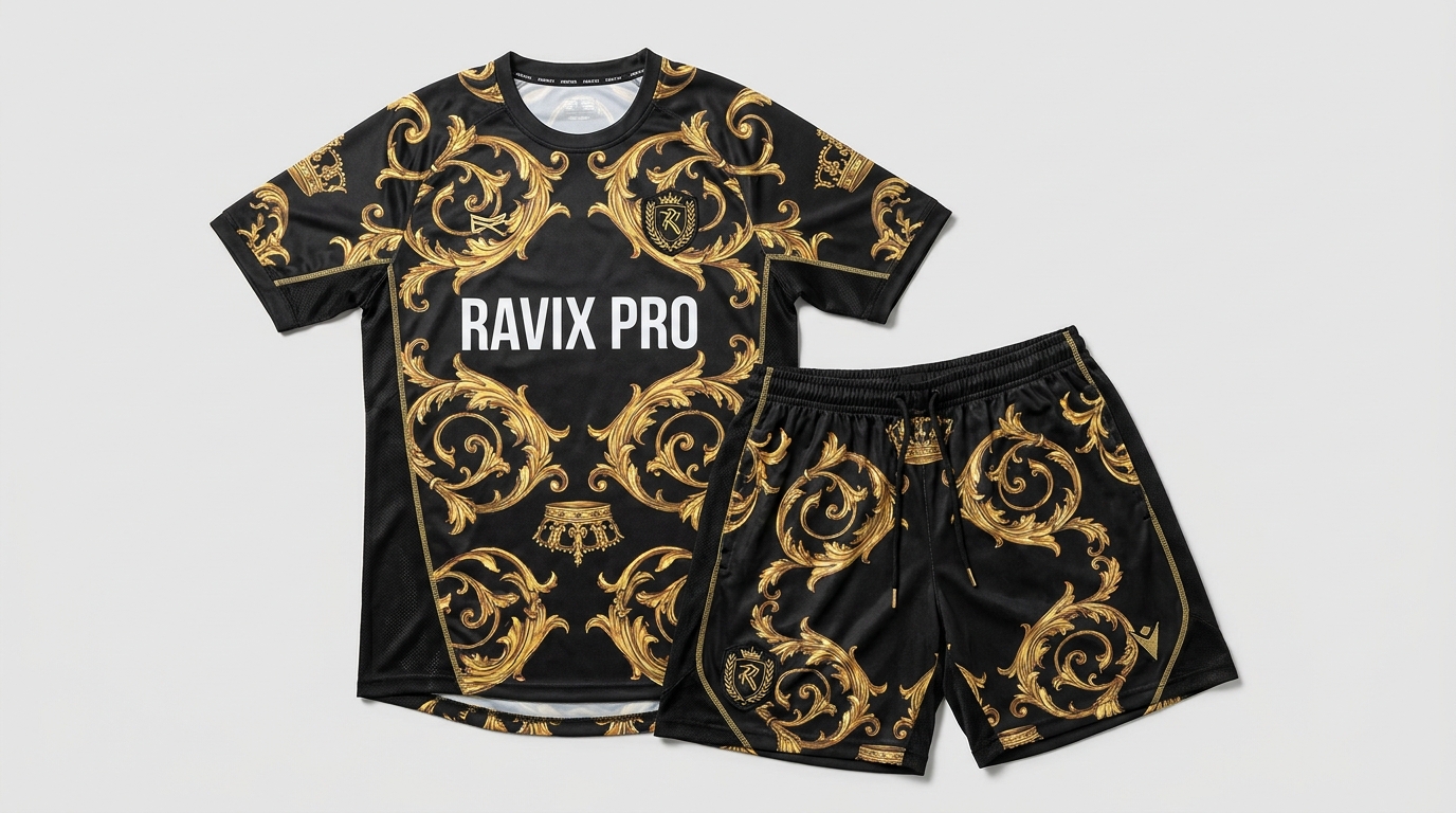 Custom Black and Gold Baroque Soccer Kit Custom Black and Gold Baroque Soccer Kit – front and back view, custom manufactured by Ravix Pro Industry, Sialkot