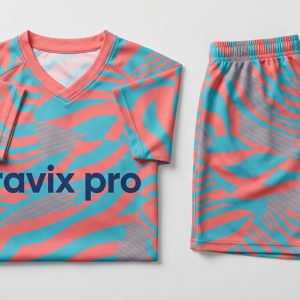 Custom Coral and Teal Pattern Soccer Kit – front and back view, custom manufactured by Ravix Pro Industry, Sialkot