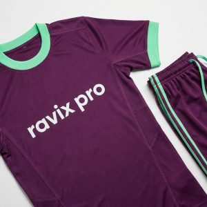 Custom Plum and Mint Retro Soccer Kit – front and back view, custom manufactured by Ravix Pro Industry, Sialkot