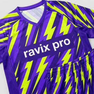 Custom Purple and Neon Lightning Soccer Kit – front and back view, custom manufactured by Ravix Pro Industry, Sialkot