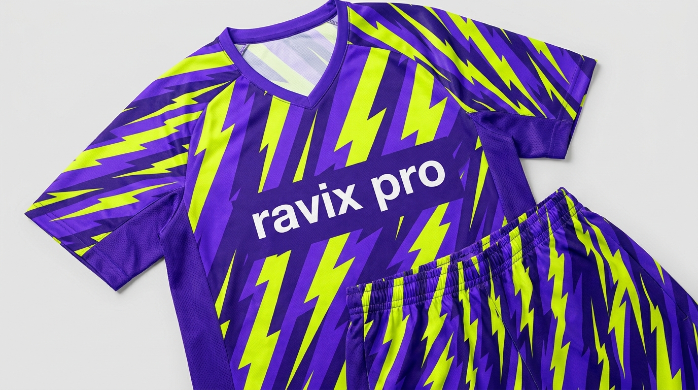 Custom Purple and Neon Lightning Soccer Kit Custom Purple and Neon Lightning Soccer Kit – front and back view, custom manufactured by Ravix Pro Industry, Sialkot