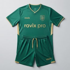 Custom Bottle Green and Gold Soccer Kit – front and back view, custom manufactured by Ravix Pro Industry, Sialkot
