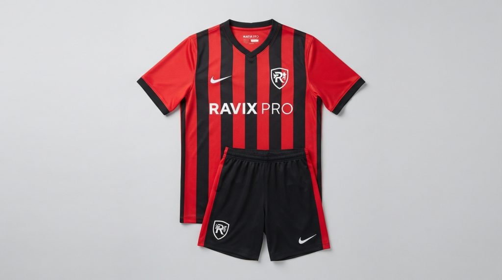 Sportswear MOQ Explained for New Brands Custom Red and Black Striped Soccer Kit – custom manufactured by Ravix Pro Industry, Sialkot, Pakistan