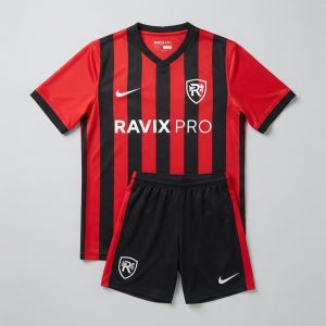 Custom Red and Black Striped Soccer Kit – custom manufactured by Ravix Pro Industry, Sialkot, Pakistan