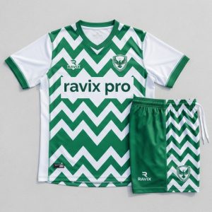 Custom Green and White Zigzag Soccer Kit – front and back view, custom manufactured by Ravix Pro Industry, Sialkot