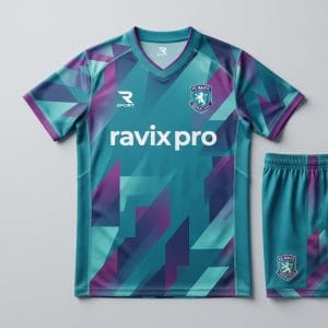 Custom Sublimated Soccer Jersey and Shorts – Teal Geometric – front and back view, custom manufactured by Ravix Pro Industry, Sialkot
