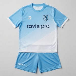 Custom Sky Blue Gradient Soccer Kit – front and back view, custom manufactured by Ravix Pro Industry, Sialkot