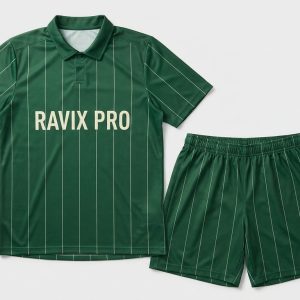 Custom Green Pinstripe Collared Soccer Kit – front and back view, custom manufactured by Ravix Pro Industry, Sialkot