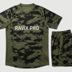 Custom Green Digital Camo Soccer Kit – front and back view, custom manufactured by Ravix Pro Industry, Sialkot