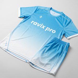 Custom Sky Blue Fade Soccer Kit – front and back view, custom manufactured by Ravix Pro Industry, Sialkot