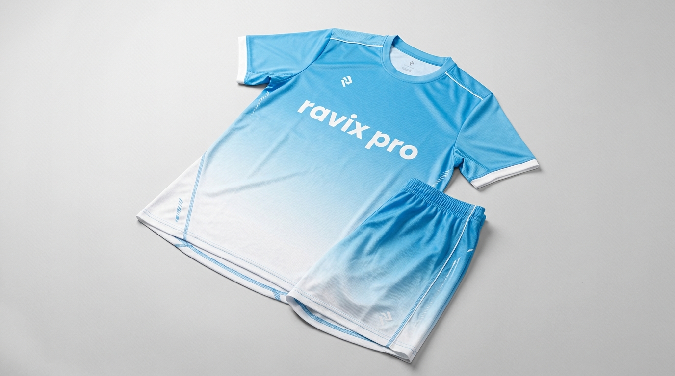 Custom Sky Blue Fade Soccer Kit Custom Sky Blue Fade Soccer Kit – front and back view, custom manufactured by Ravix Pro Industry, Sialkot