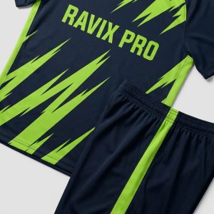 Custom Navy and Neon Green Shard Soccer Kit – front and back view, custom manufactured by Ravix Pro Industry, Sialkot