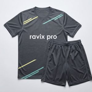 Custom Charcoal Soccer Kit with Pastel Slashes – front and back view, custom manufactured by Ravix Pro Industry, Sialkot