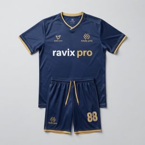 Custom Navy and Gold Soccer Kit – front and back view, custom manufactured by Ravix Pro Industry, Sialkot