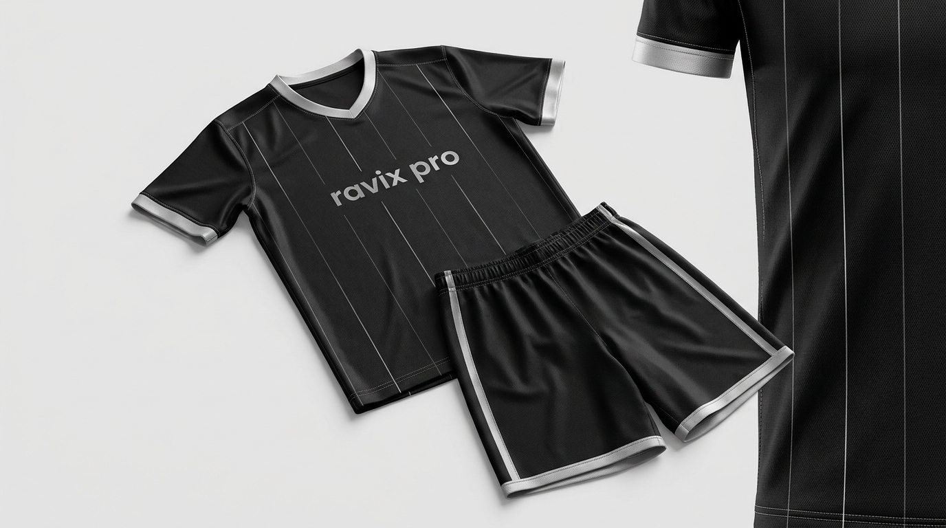 Custom Black Soccer Kit with Grey Trims Custom Black Soccer Kit with Grey Trims – front and back view, custom manufactured by Ravix Pro Industry, Sialkot