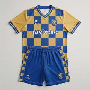 Custom Gold and Royal Blue Checkered Soccer Kit – front and back view, custom manufactured by Ravix Pro Industry, Sialkot