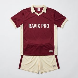 Custom Maroon and Cream Retro Collar Soccer Kit – front and back view, custom manufactured by Ravix Pro Industry, Sialkot