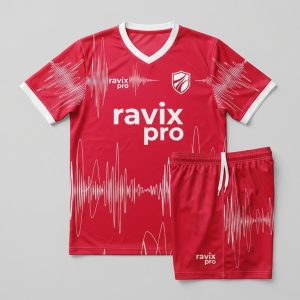 Custom Red Soundwave Soccer Kit – front and back view, custom manufactured by Ravix Pro Industry, Sialkot