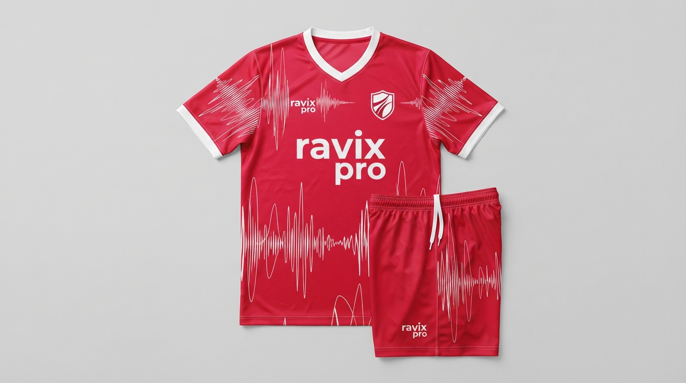 Custom Red Soundwave Soccer Kit Custom Red Soundwave Soccer Kit – front and back view, custom manufactured by Ravix Pro Industry, Sialkot
