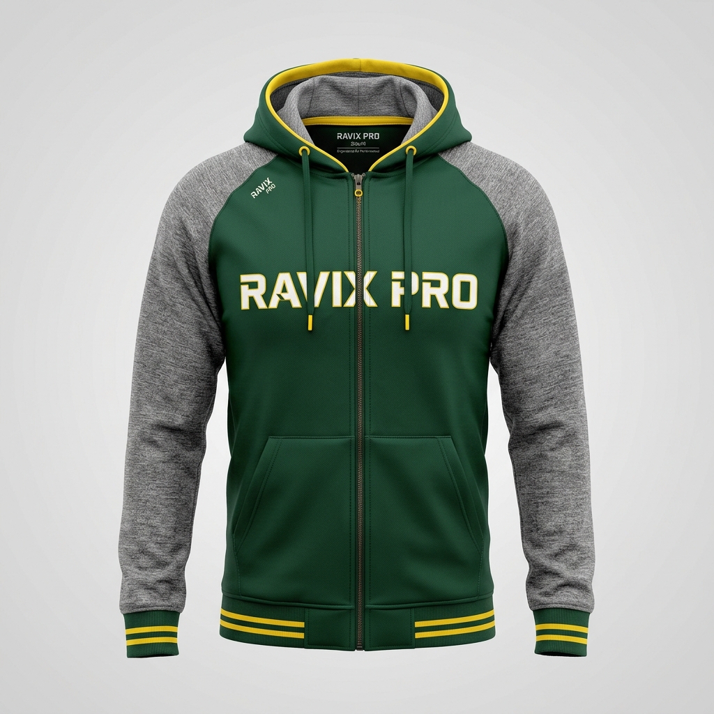 Custom Green and Grey Baseball Hoodie Jacket Custom Green and Grey Baseball Hoodie Jacket – front and back view, custom manufactured by Ravix Pro Industry, Sialkot