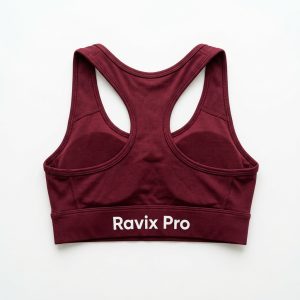 Custom Burgundy Racerback Sports Bra – front and back view, custom manufactured by Ravix Pro Industry, Sialkot