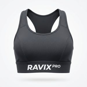 Custom Charcoal Sports Bra with Bold Logo Band – front and back view, custom manufactured by Ravix Pro Industry, Sialkot