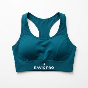 Custom Teal Sports Bra – front and back view, custom manufactured by Ravix Pro Industry, Sialkot