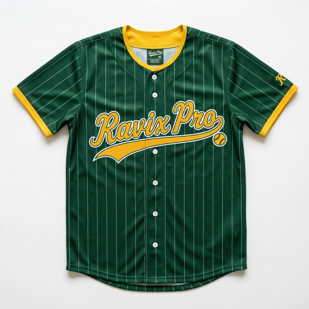 Custom Green Pinstripe Script Baseball Jersey Custom Green Pinstripe Script Baseball Jersey – front and back view, custom manufactured by Ravix Pro Industry, Sialkot