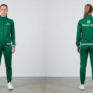 Custom Green Women's Tracksuit with White Stripes – front and back view, custom manufactured by Ravix Pro Industry, Sialkot