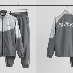 Custom Grey Colour Block Tracksuit with Back Print – front and back view, custom manufactured by Ravix Pro Industry, Sialkot