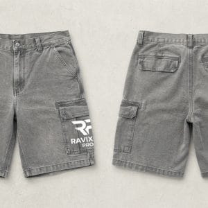 Custom Washed Grey Denim Cargo Shorts with Pocket Logo – front and back view, custom manufactured by Ravix Pro Industry, Sialkot
