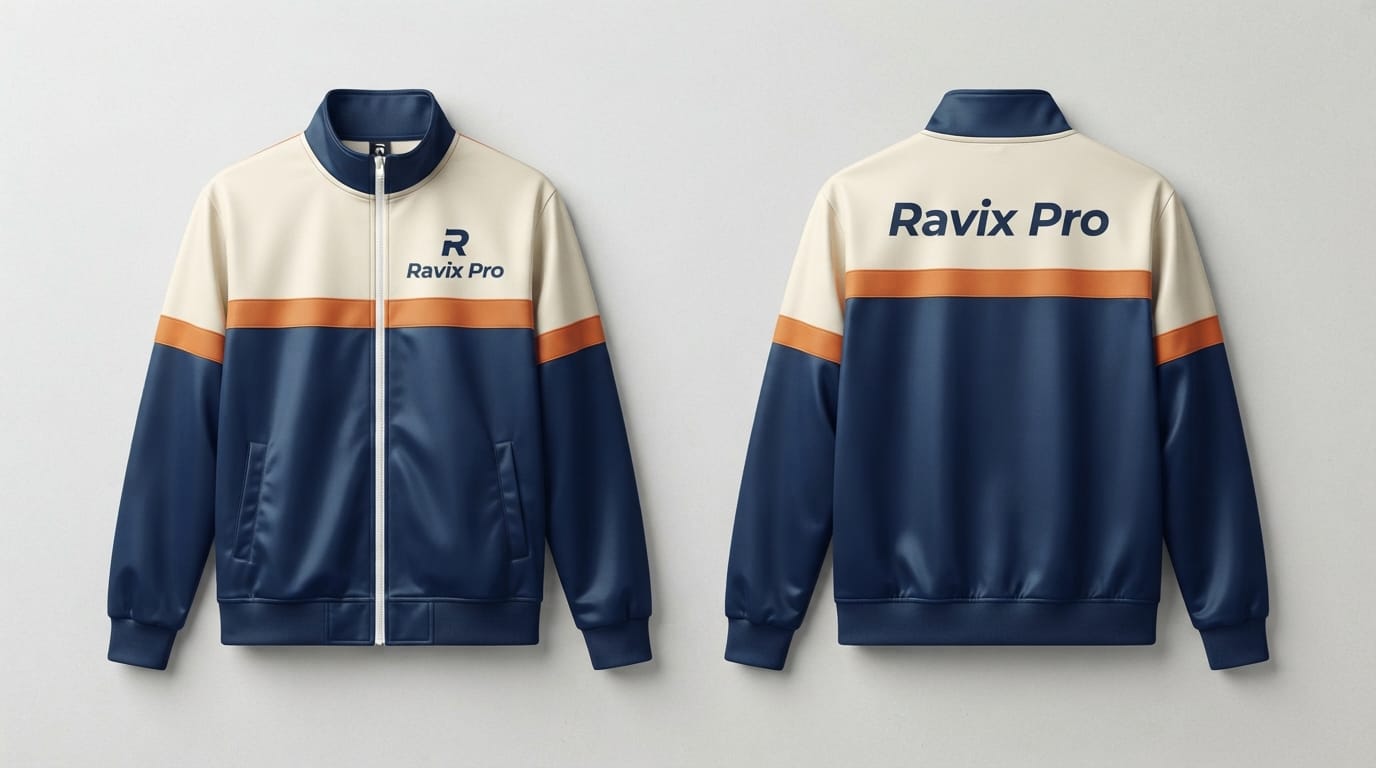 Custom Navy Cream and Orange Retro Track Jacket Custom Navy Cream and Orange Retro Track Jacket – front and back view, custom manufactured by Ravix Pro Industry, Sialkot