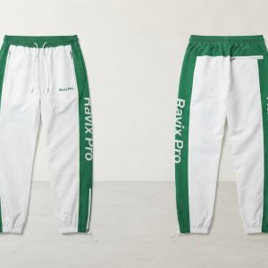 Custom White Track Pants with Green Side Stripes – front and back view, custom manufactured by Ravix Pro Industry, Sialkot