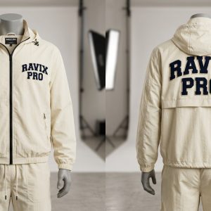 Custom Cream Hooded Utility Jacket with Navy Print – front and back view, custom manufactured by Ravix Pro Industry, Sialkot