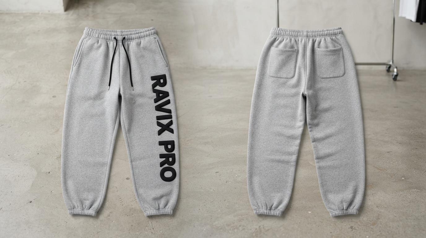 Custom Grey Joggers with Bold Vertical Print Custom Grey Joggers with Bold Vertical Print – front and back view, custom manufactured by Ravix Pro Industry, Sialkot