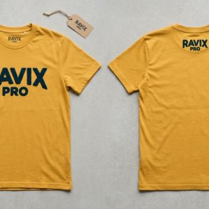 Custom Mustard Tee with Navy Collegiate Logo – front and back view, custom manufactured by Ravix Pro Industry, Sialkot