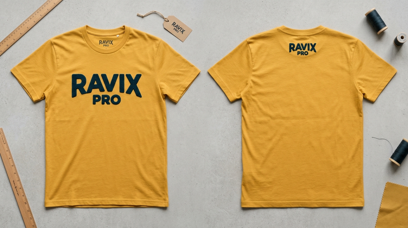 Custom Mustard Tee with Navy Collegiate Logo Custom Mustard Tee with Navy Collegiate Logo – front and back view, custom manufactured by Ravix Pro Industry, Sialkot