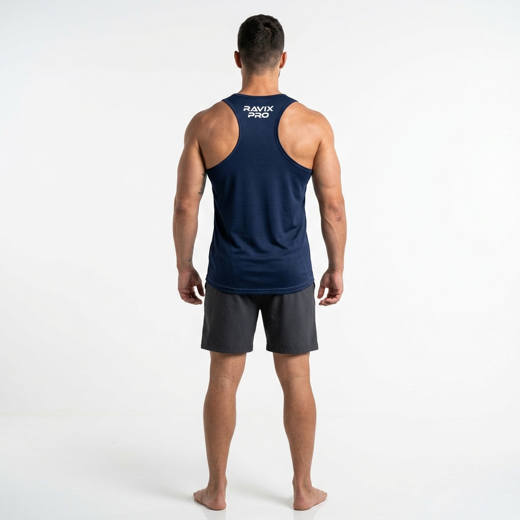 Custom Navy Men's Stringer Tank Custom Navy Men's Stringer Tank – front and back view, custom manufactured by Ravix Pro Industry, Sialkot