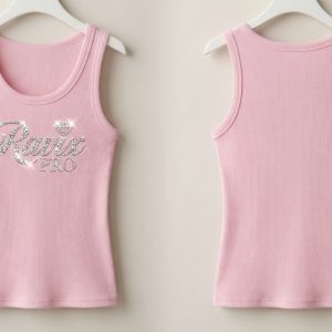 Custom Pink Ribbed Tank with Rhinestone Script – front and back view, custom manufactured by Ravix Pro Industry, Sialkot