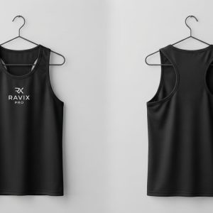 Custom Black Tank Top with Small Chest Logo – front and back view, custom manufactured by Ravix Pro Industry, Sialkot