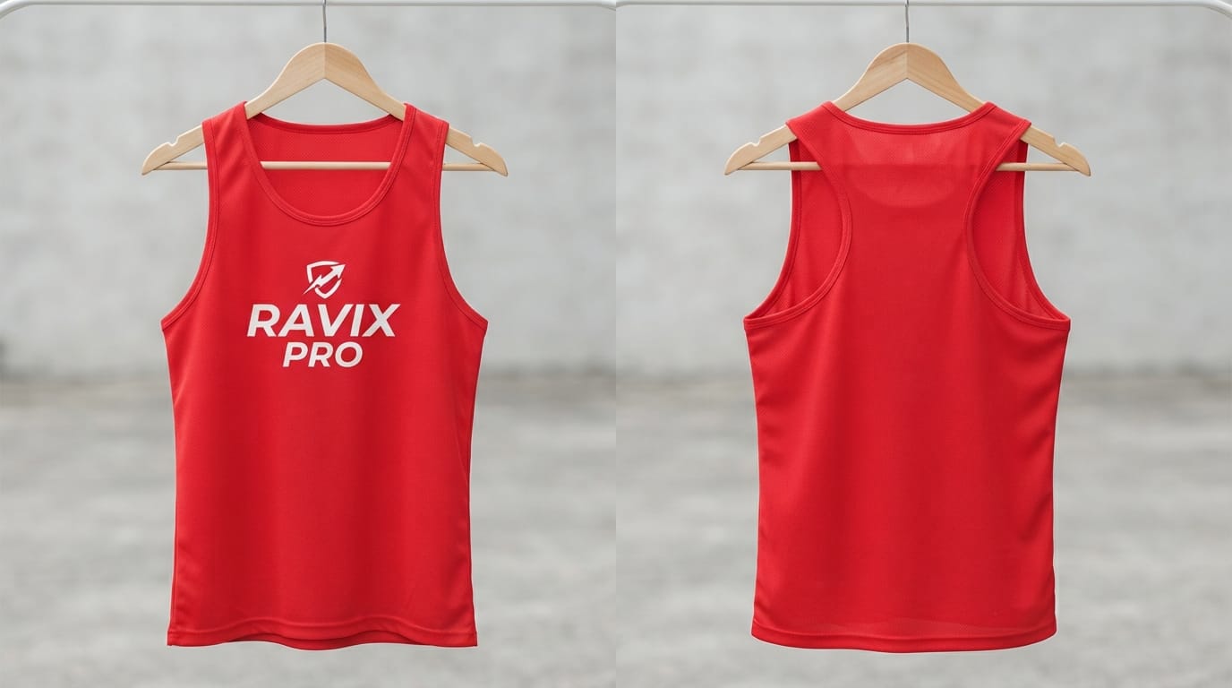Custom Red Athletic Tank Top with White Logo Custom Red Athletic Tank Top with White Logo – front and back view, custom manufactured by Ravix Pro Industry, Sialkot