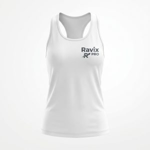 Custom White Women's Racerback Tank with Logo – front and back view, custom manufactured by Ravix Pro Industry, Sialkot