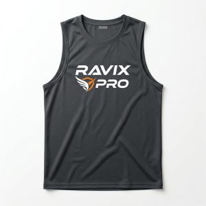 Custom Charcoal Sleeveless Training Shirt – front and back view, custom manufactured by Ravix Pro Industry, Sialkot