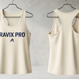 Custom Cream Racerback Tank with Navy Logo – front and back view, custom manufactured by Ravix Pro Industry, Sialkot