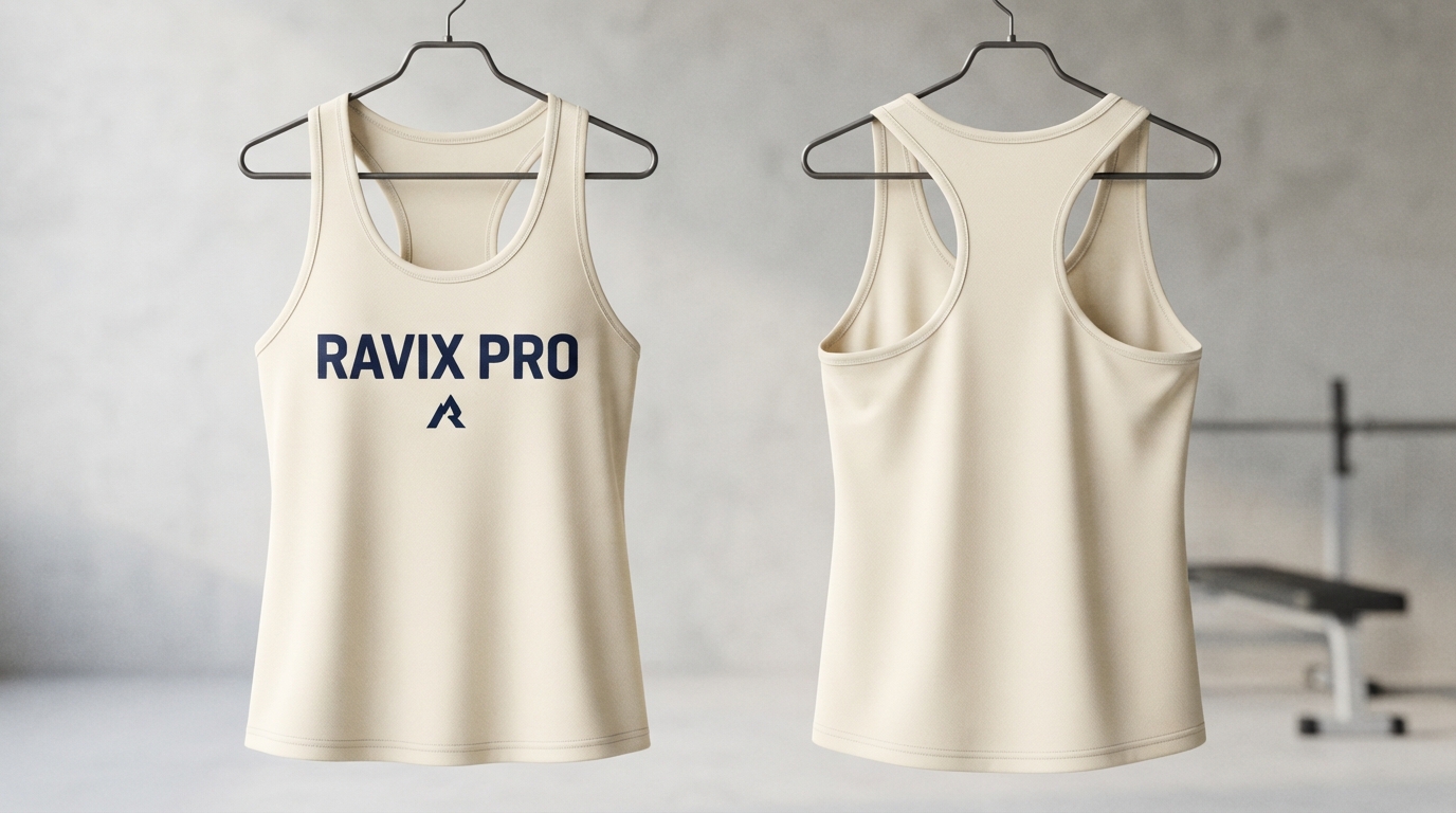 Custom Cream Racerback Tank with Navy Logo Custom Cream Racerback Tank with Navy Logo – front and back view, custom manufactured by Ravix Pro Industry, Sialkot