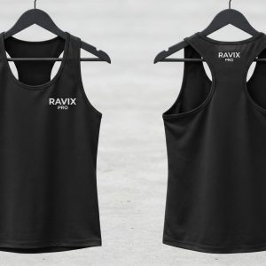 Custom Black Racerback Tank with Small Logo – front and back view, custom manufactured by Ravix Pro Industry, Sialkot